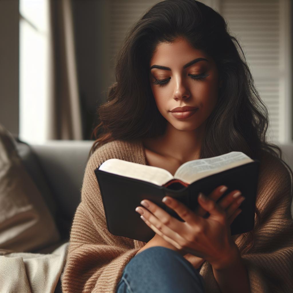 Una persona leyendo la Biblia con un gesto de serenidad y consuelo en su rostro.