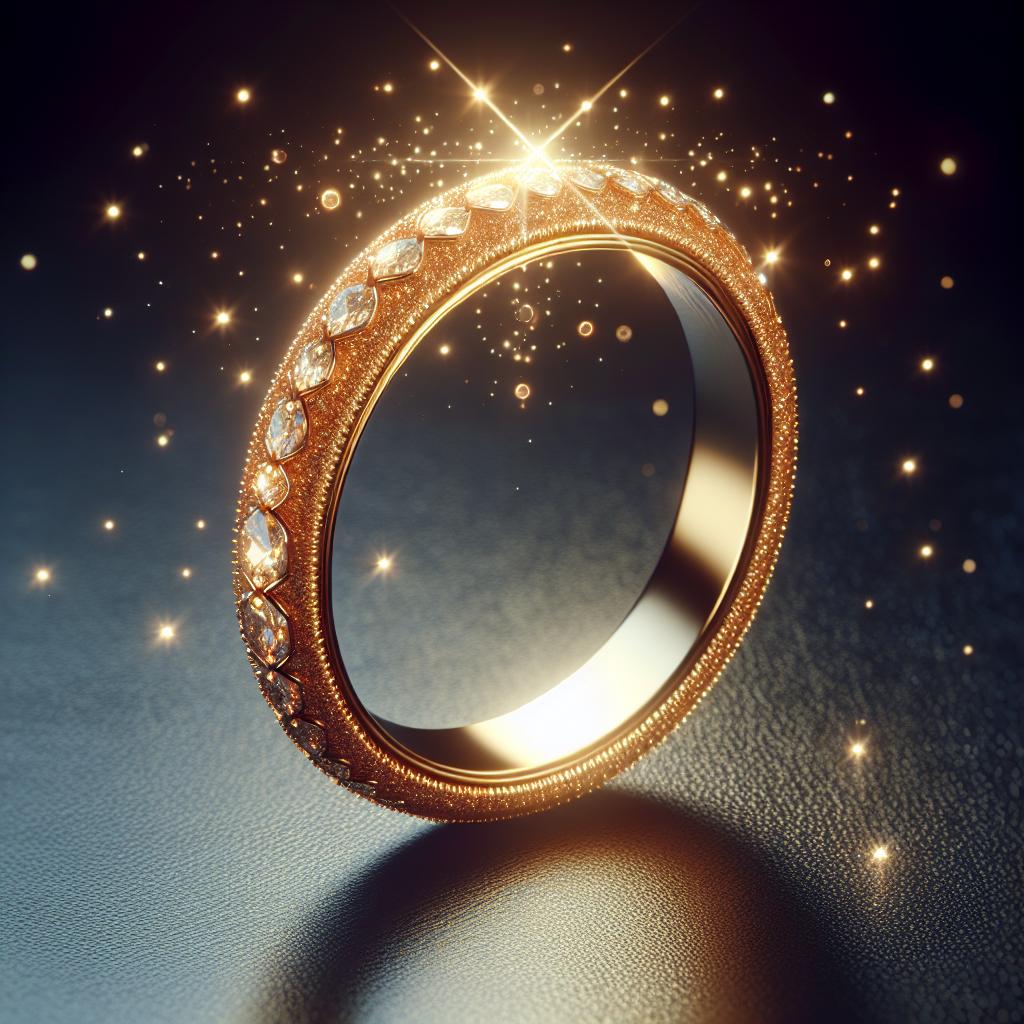 Imagen de un anillo de oro brillante sobre un fondo oscuro, representando el simbolismo espiritual y la conexión con la riqueza espiritual que se atribuye a este tipo de joyas.