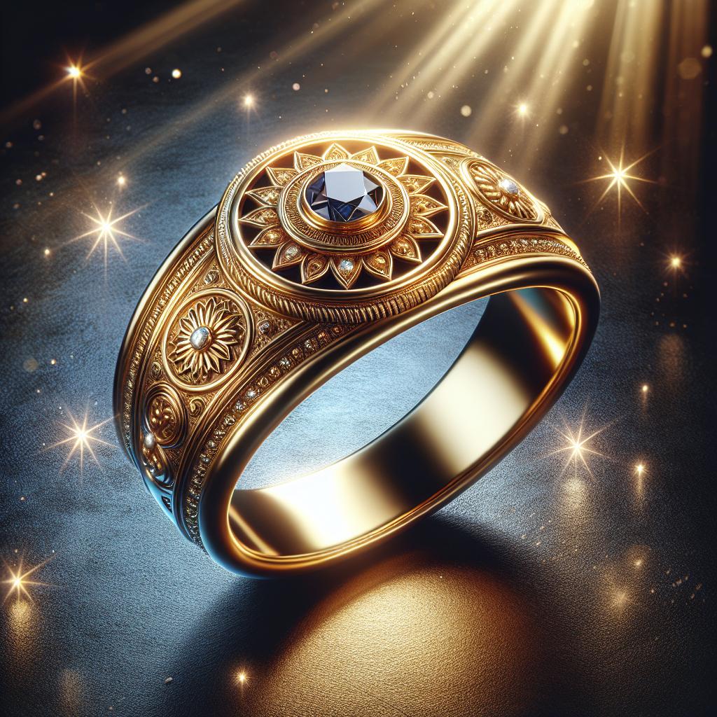 Imagen de un anillo de oro brillante sobre un fondo oscuro con destellos de luz, representando el simbolismo espiritual y significado profundo de esta joya preciosa en la cultura y religión.