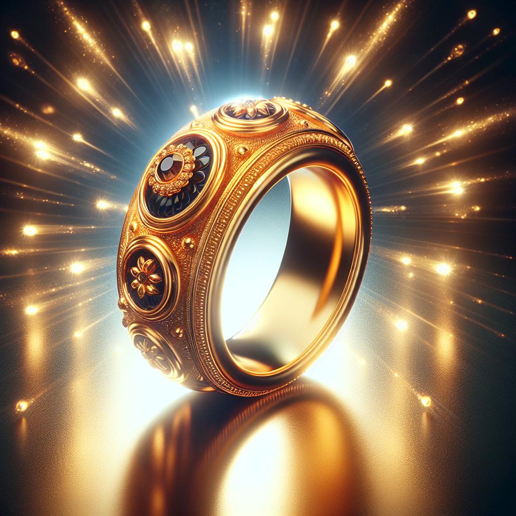 Imagen de un anillo de oro brillante con destellos de luz, representando el simbolismo espiritual y significado profundo asociado a esta joya preciosa.