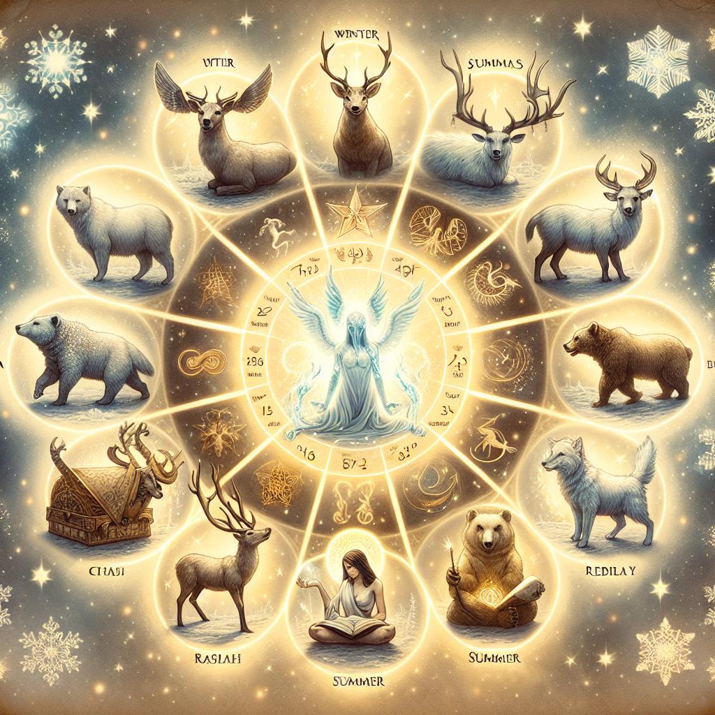 Representación gráfica de animales espirituales y sus significados, basados en fechas de nacimiento.