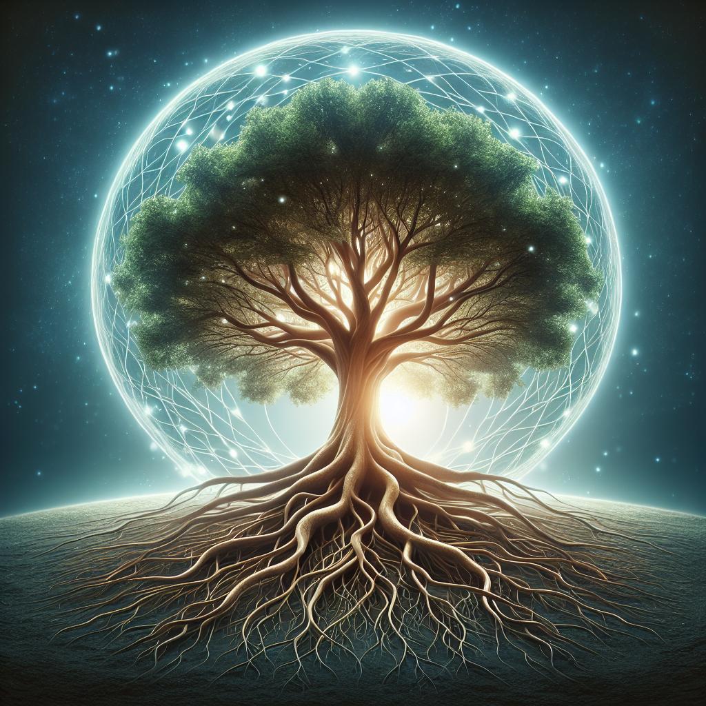 Imagen de un Árbol de la Vida con raíces profundas y ramas amplias, simbolizando la conexión entre lo terrenal y lo divino en la espiritualidad.