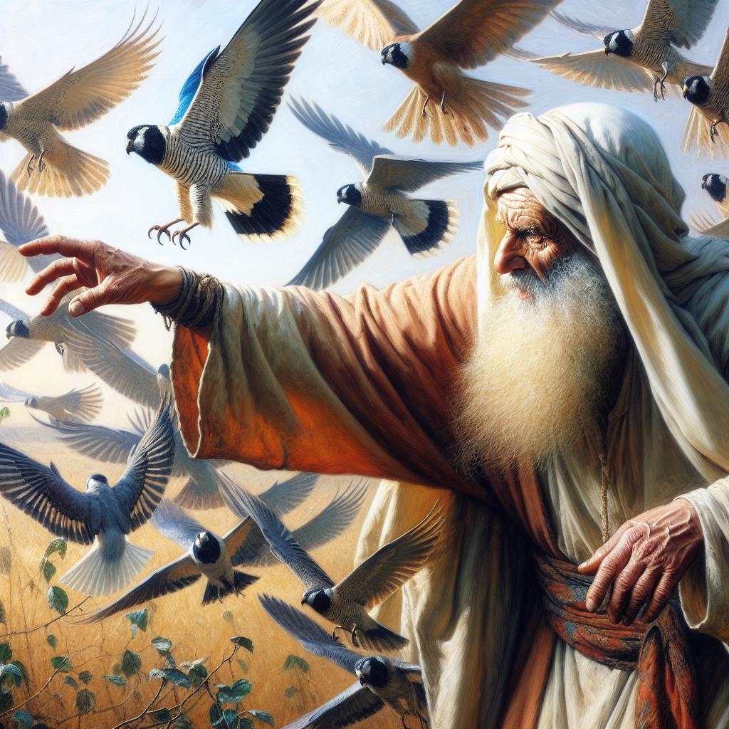 Representación artística de Abraham espantando a las aves de rapiña en una escena bíblica.