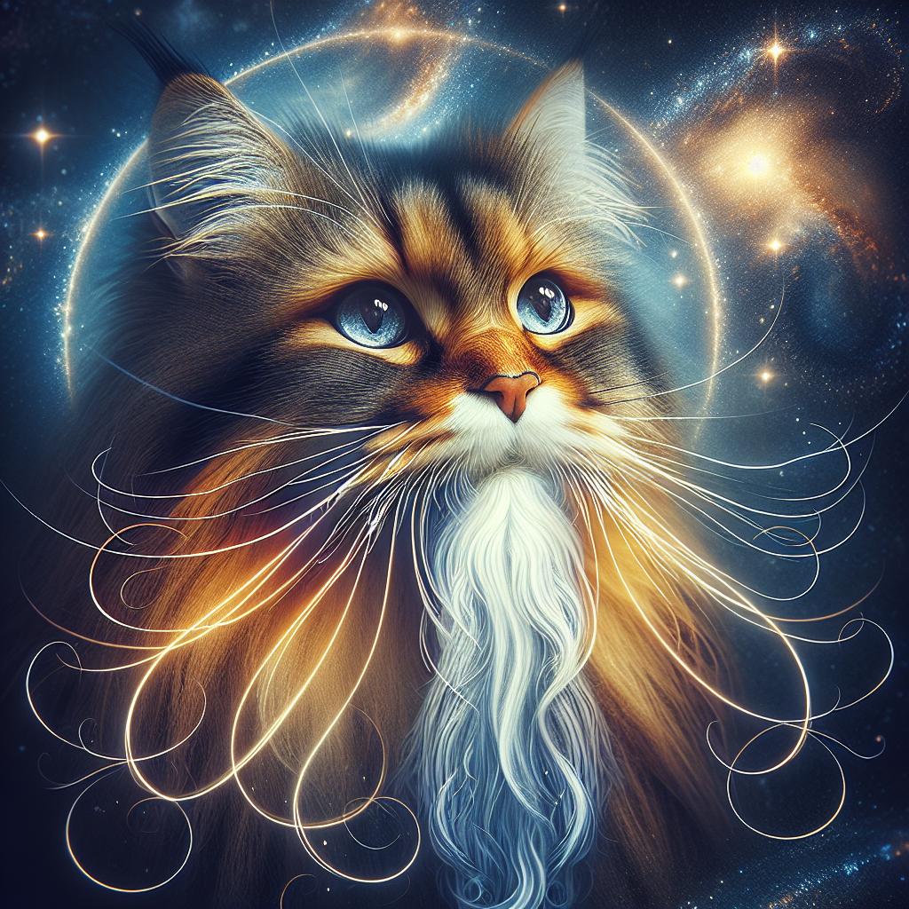 Imagen de un gato con bigotes largos y curvados, reflejando el misticismo y la sabiduría en la cultura espiritual.