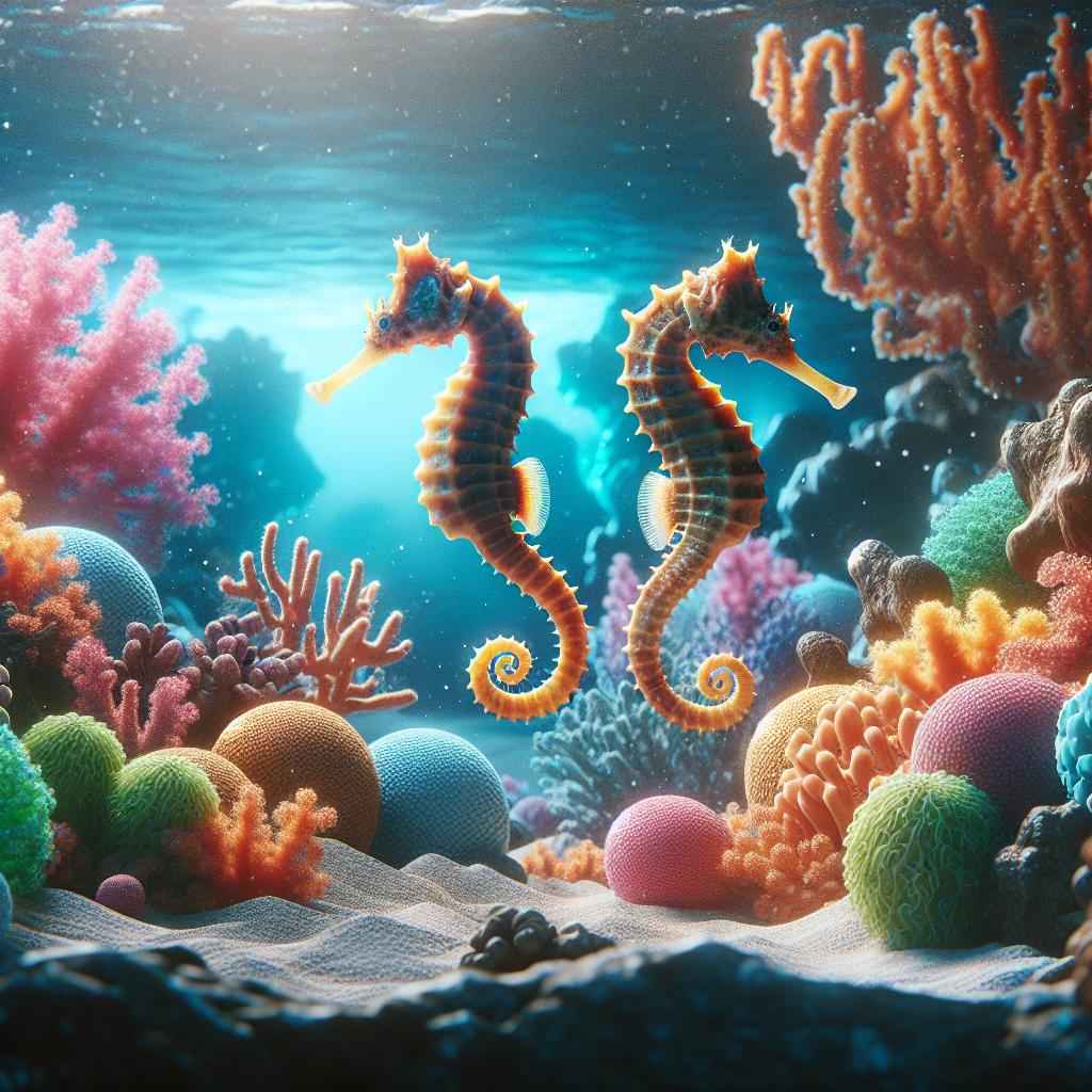 Imagen de caballitos de mar rodeados de corales en un acuario, representando la conexión espiritual con la vida marina y la delicadeza de estos seres acuáticos en el artículo sobre su significado espiritual.