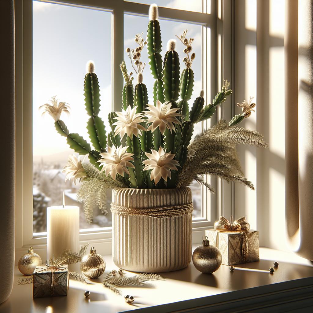 Foto de cactus de Navidad colocados en un alféizar soleado, decorando el espacio y atrayendo buena energía y abundancia.