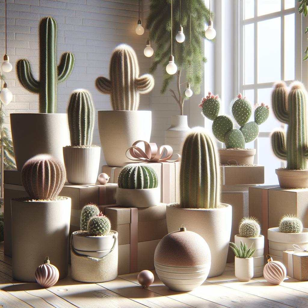 Imagen de una variedad de cactus de Navidad en macetas decorativas