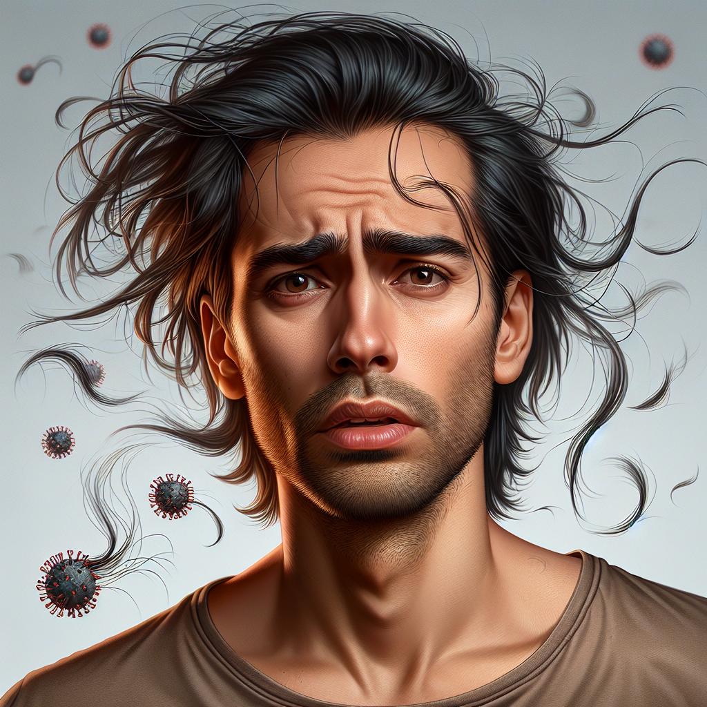 'Ilustración de una persona con expresión de estrés y cabello cayendo, representando la relación entre las emociones y la caída del cabello'.