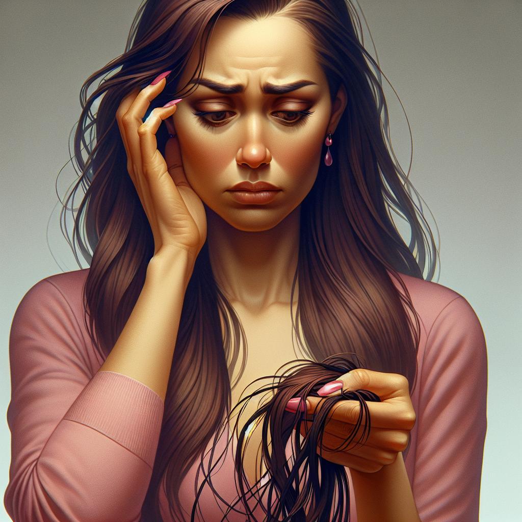 Imagen de una mujer preocupada observando mechones de cabello en sus manos, ilustrando el impacto emocional en la pérdida de cabello.