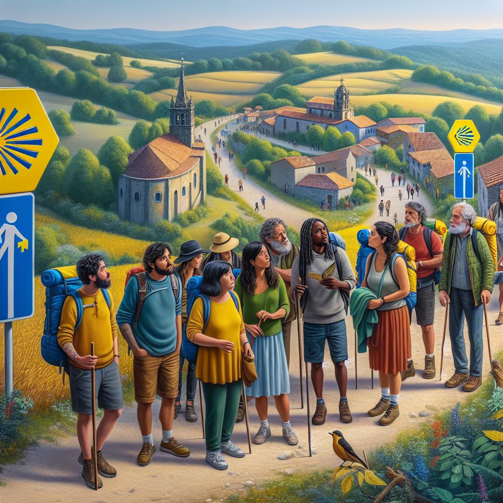 Imagen de peregrinos caminando por el Camino de Santiago, con paisajes variados y señales amarillas y azules indicando el camino.