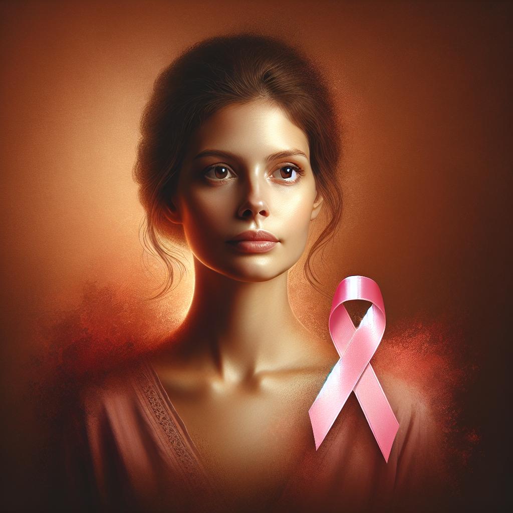 Mujer con expresión facial serena mientras sostiene una cinta rosa, símbolo del cáncer de mama, rodeada de cálidos tonos que transmiten compasión y esperanza.