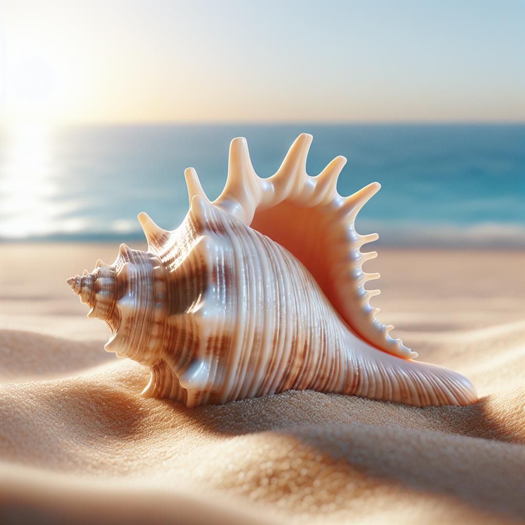 Una caracola marina en la arena de la playa, con la luz del sol brillando sobre ella.