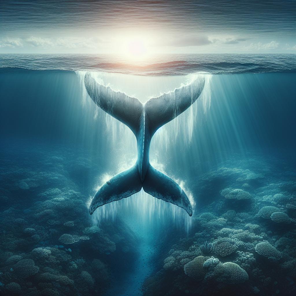 Imagen de una cola de ballena con un fondo marino, representación visual de un símbolo espiritual en el artículo sobre el significado de la cola de ballena en el plano espiritual.