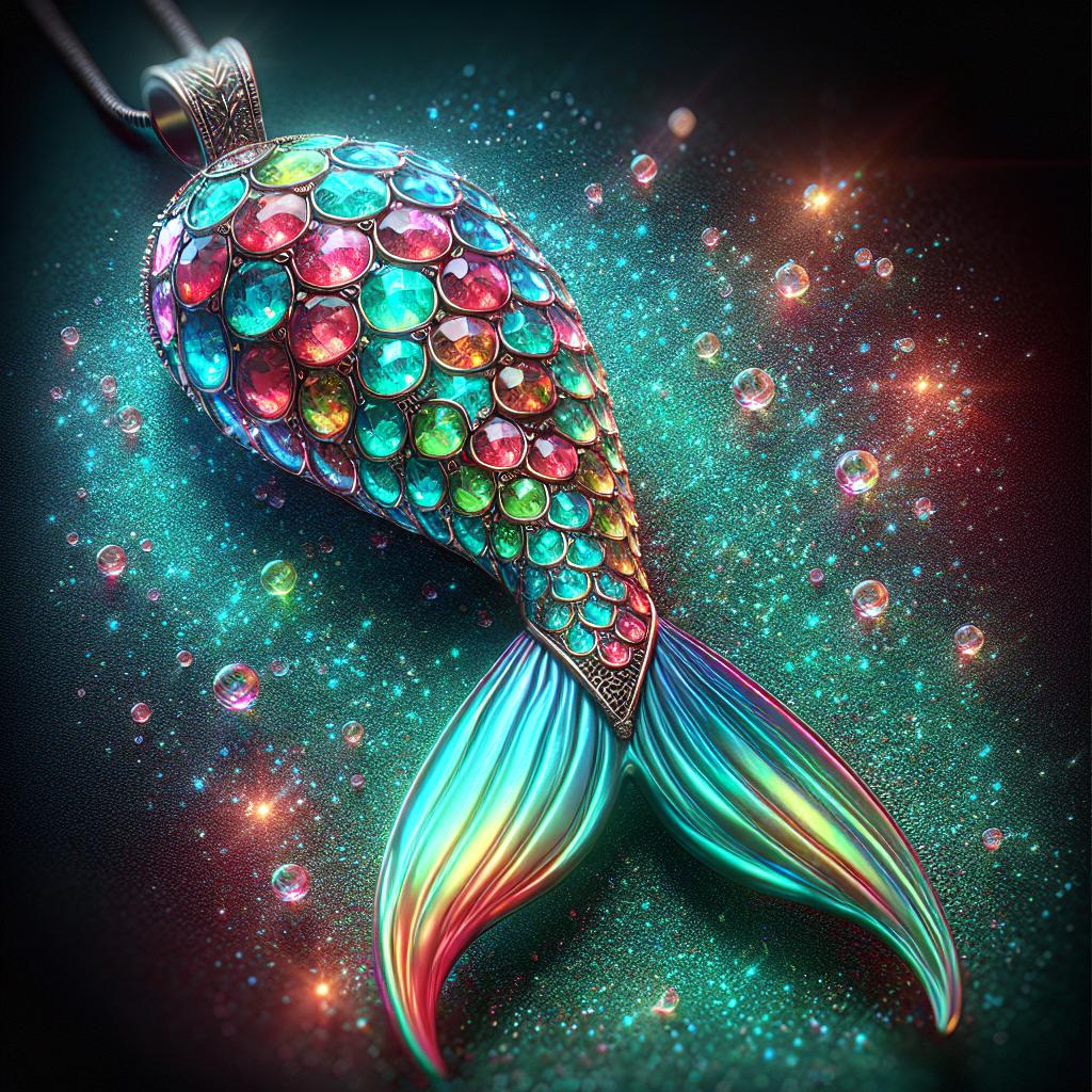 Imagen de un amuleto en forma de cola de sirena con brillos y colores brillantes