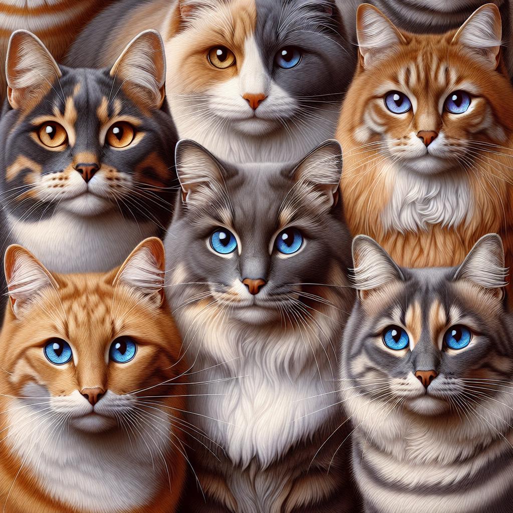 Imagen de distintos gatos con variados colores de pelaje, ilustrando la diversidad de tonalidades y patrones en los felinos.