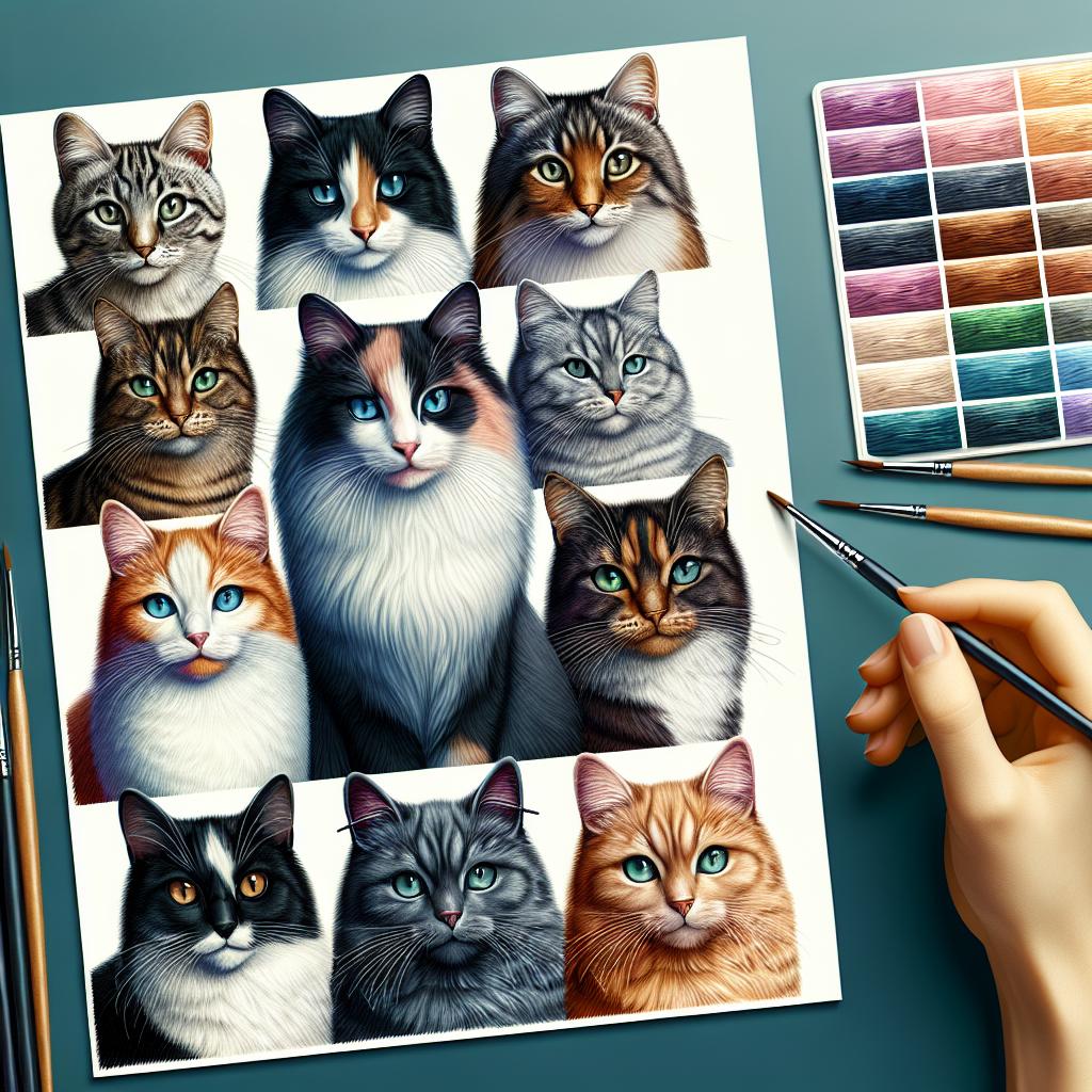 Collage de gatos con diferentes colores y patrones de pelaje, representando la diversidad y belleza de estos felinos. Ilustración perfecta para acompañar un artículo sobre la genética y significado de los colores de los gatos.