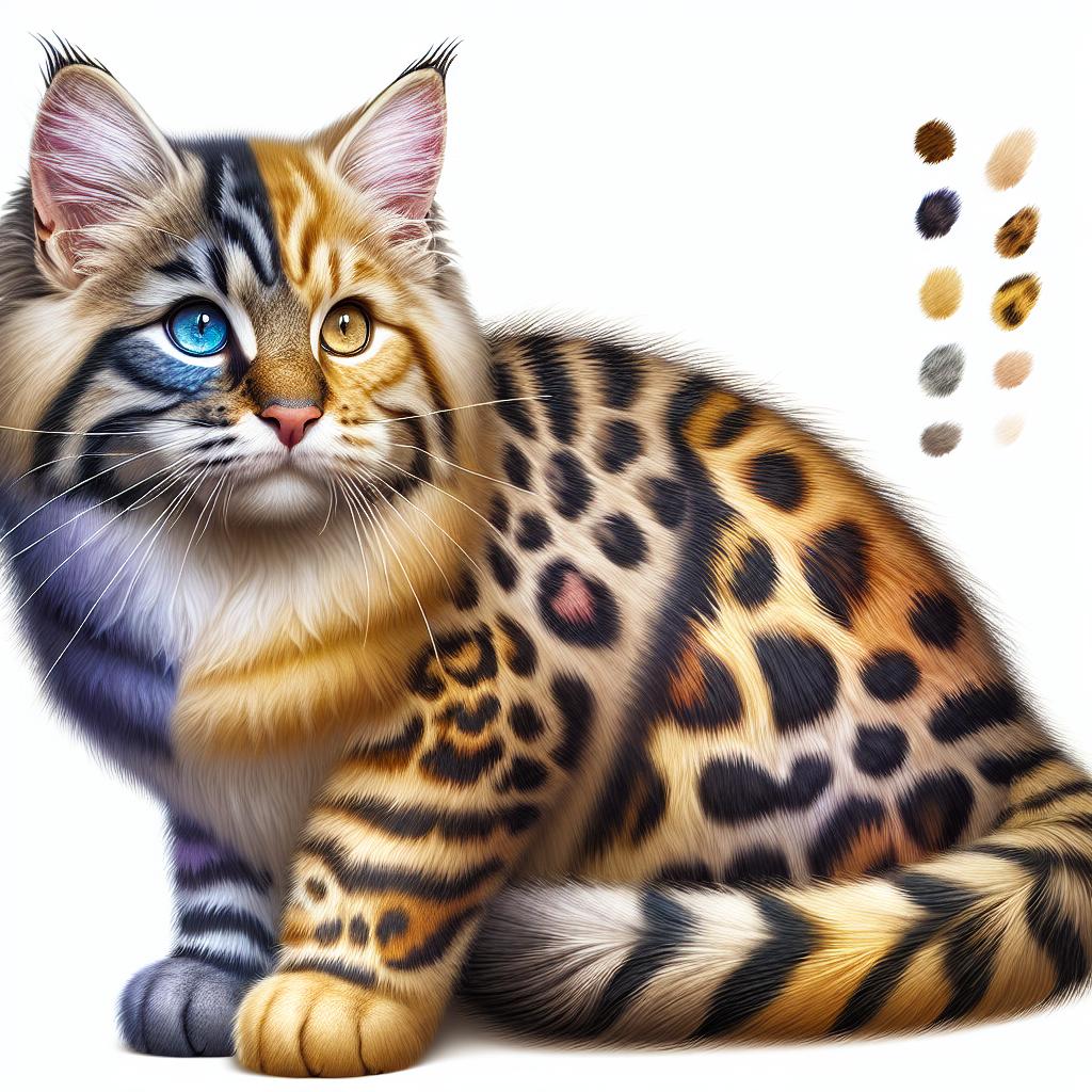 Imagen de un gato con pelaje de diversos colores y patrones, ilustrando la diversidad de colores en los gatos y su significado en la genética felina.