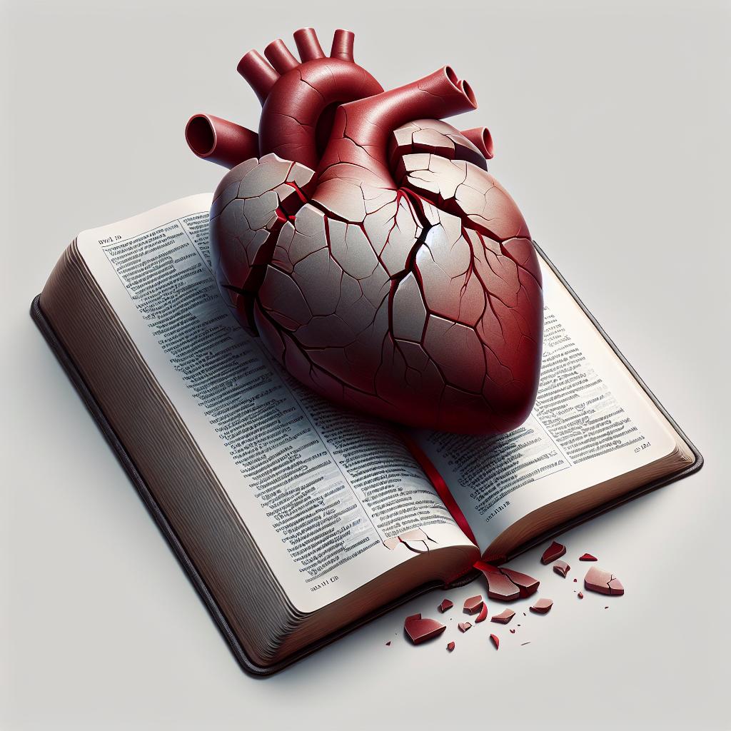 Imagen de un corazón roto y una biblia abierta en la página que habla sobre el significado bíblico de un corazón quebrantado.