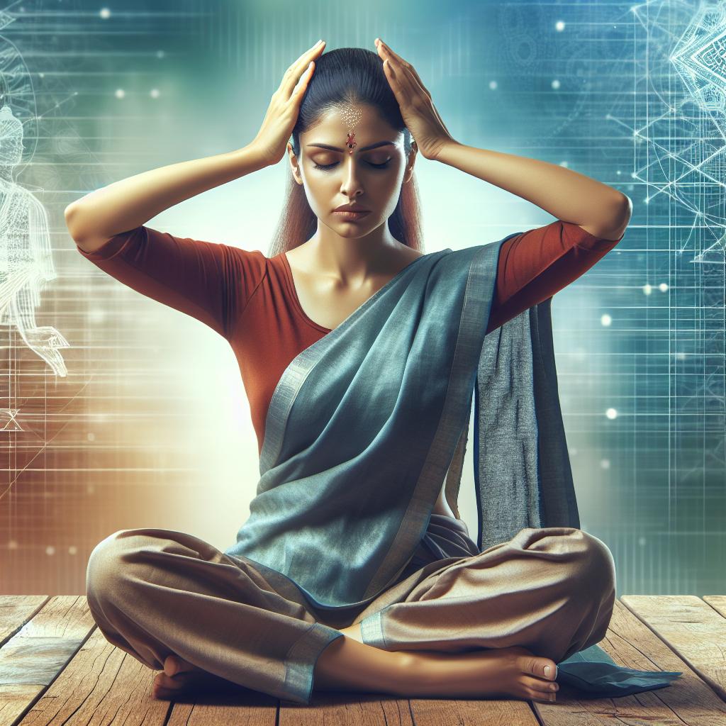 Una mujer meditando con las manos en la cabeza, representando el significado espiritual del dolor de cabeza.