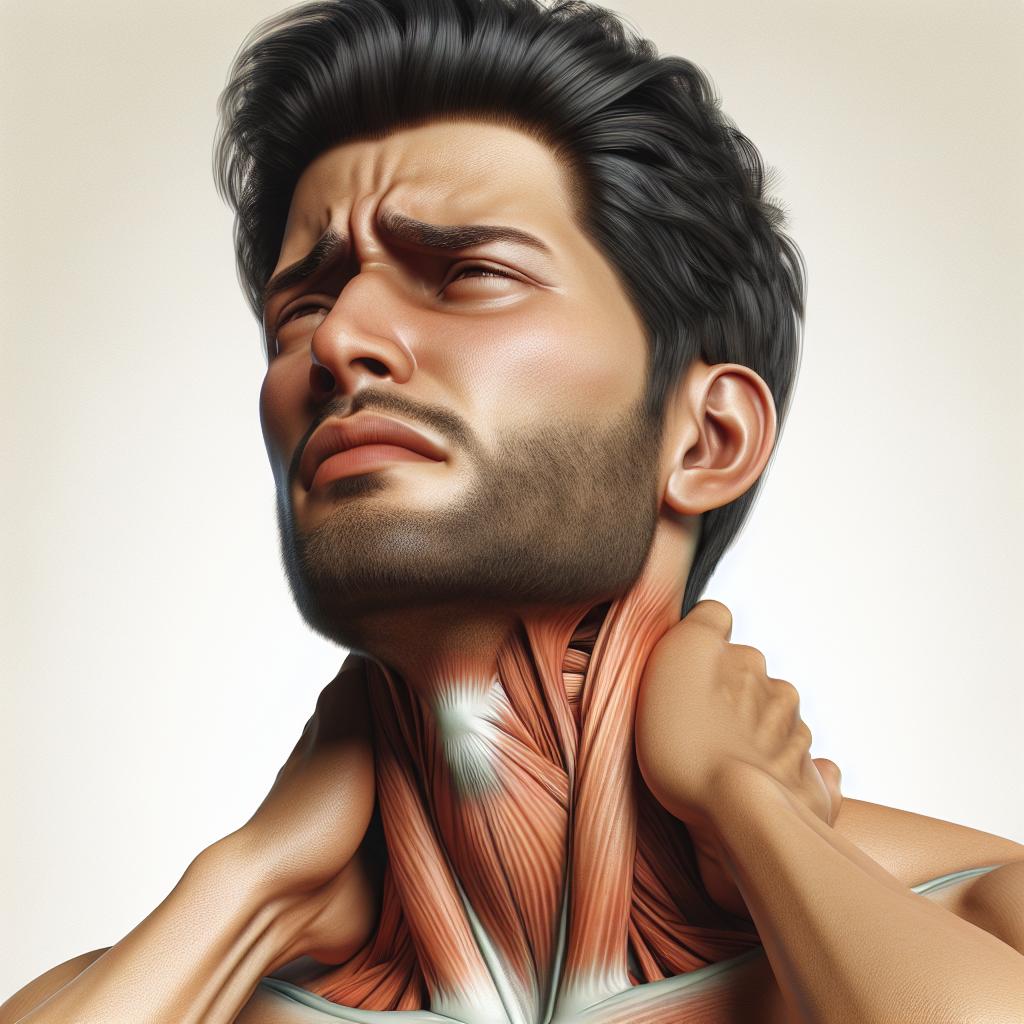 Imagen ilustrativa: Una persona con expresión de dolor en el cuello mientras realiza ejercicios de relajación para aliviar el malestar cervical