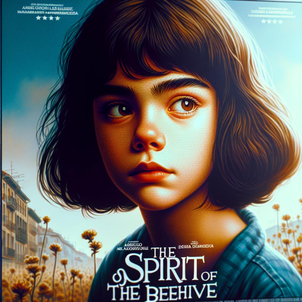 Cartel de la película 'El espíritu de la colmena' con ilustración impactante de Ana, reflejando la inocencia y la búsqueda de conexiones humanas.