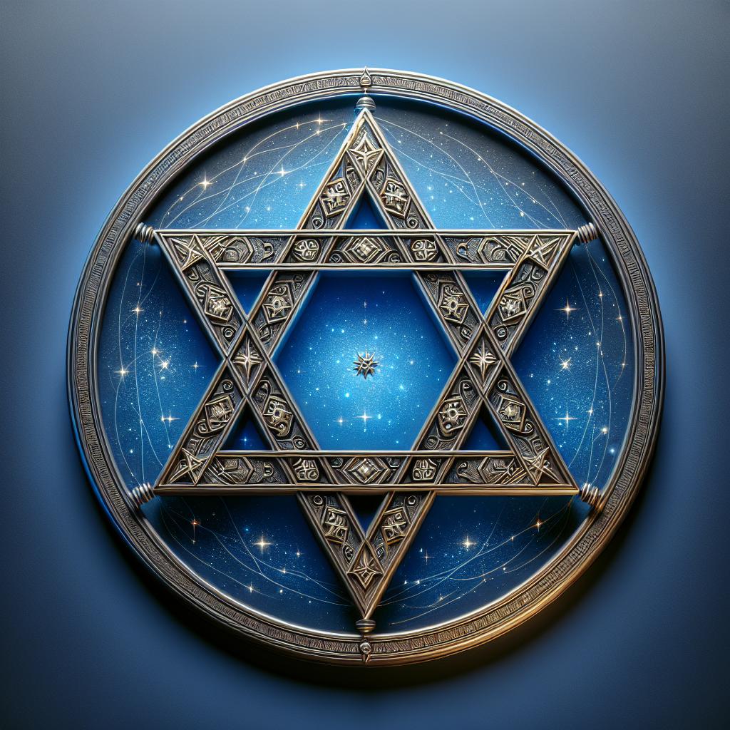 Símbolo religioso de la Estrella de David en un fondo azul, representando su significado, propiedades y origen