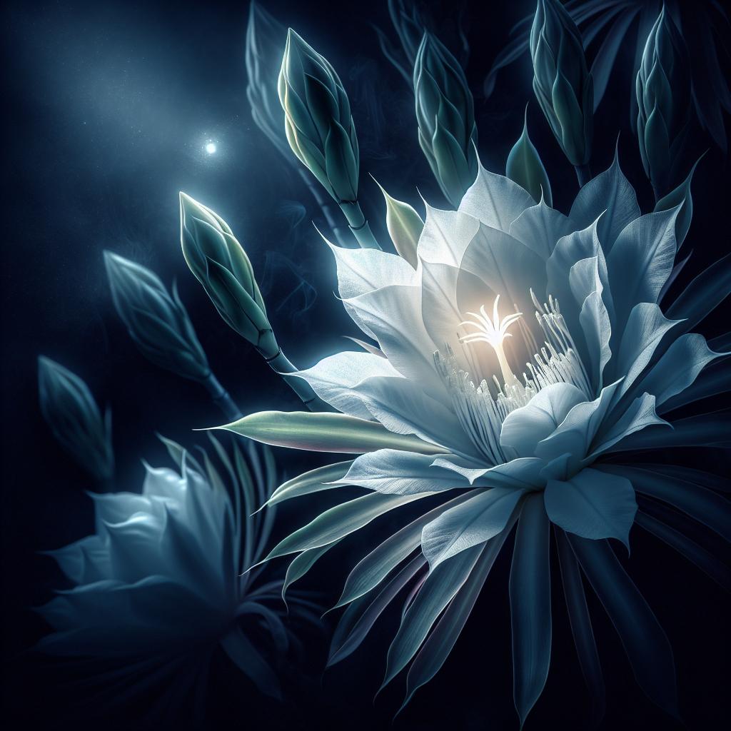 Imagen de una hermosa flor dama de noche en medio de la oscuridad, simbolizando misterio, transformación y conexión con lo divino.