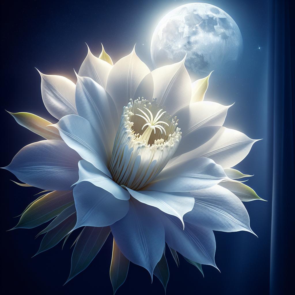 Imagen de una flor dama de noche iluminada por la luz de la luna, transmitiendo paz y misticismo, ideal para reflexionar sobre su significado espiritual profundo.