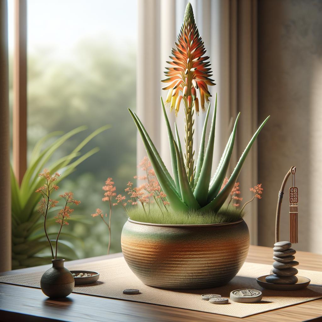 Una maceta con una flor de Aloe Vera colocada en un lugar estratégico según los principios del Feng Shui.