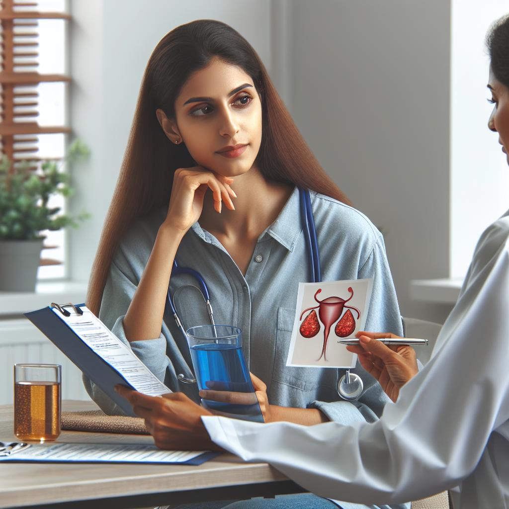 Imagen de una mujer en el consultorio médico discutiendo sobre infecciones urinarias recurrentes.