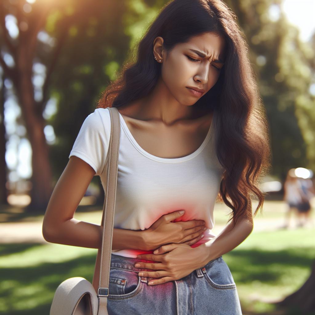 Una mujer con dolor abdominal se sostiene el estómago mientras camina por el parque en un día soleado