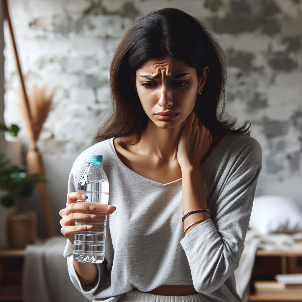 Mujer con gesto de malestar sosteniendo una botella de agua, mostrando síntomas de incomodidad por infecciones urinarias recurrentes