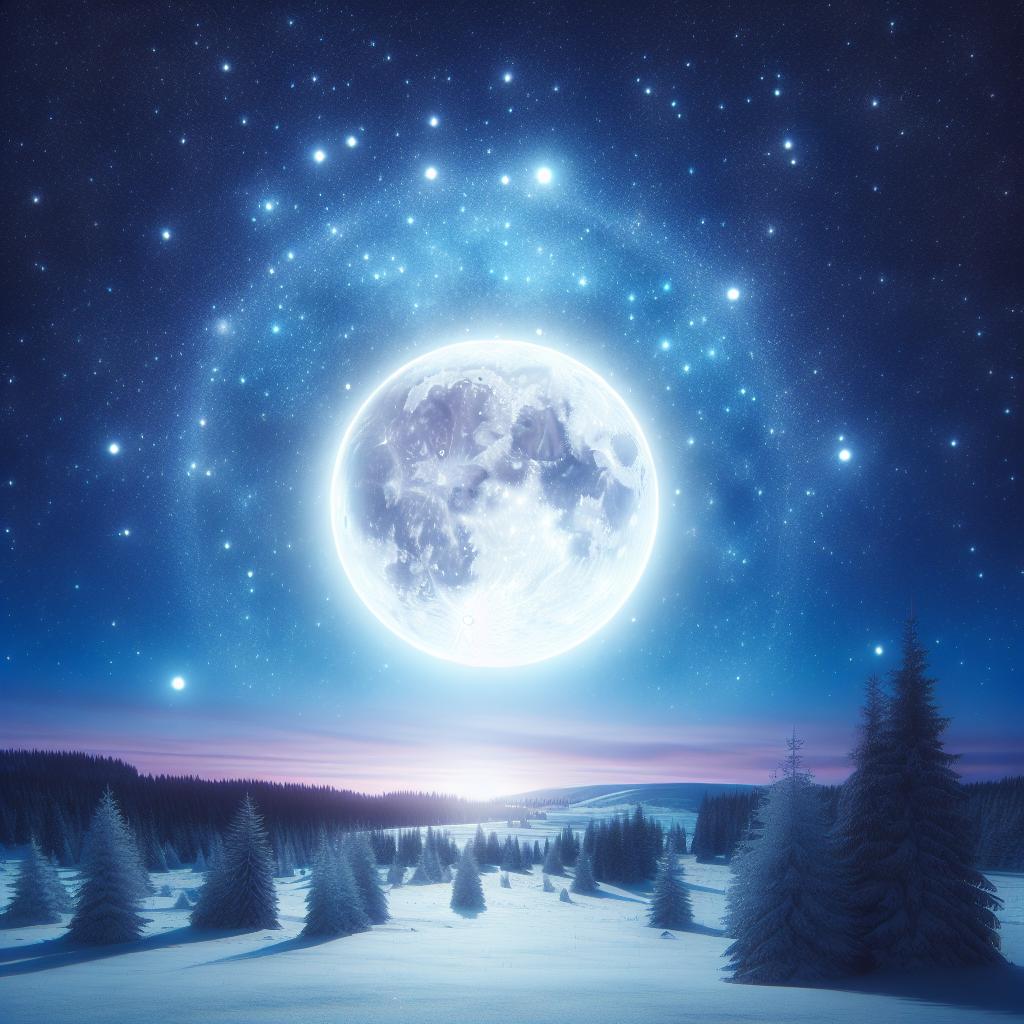 Imagen de una Luna llena brillante en un cielo nocturno estrellado, evocando la energía mágica y espiritual de la Luna de Nieve en la cultura ancestral.