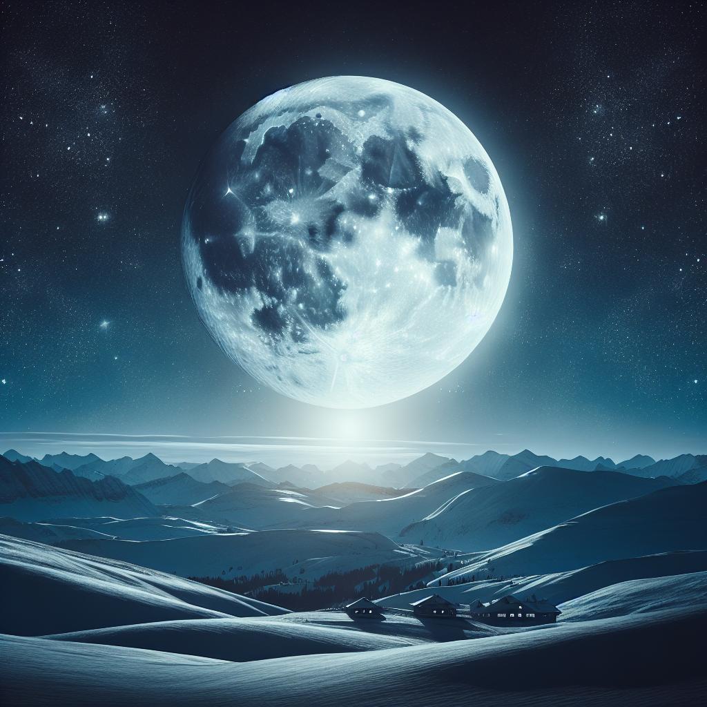 Imagen de una Luna llena brillante en el cielo nocturno, simbolizando la energía espiritual y mística de la Luna de Nieve.