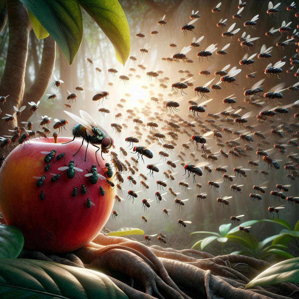 Imagen de un enjambre de mosquitos de la fruta sobre una fruta madura en un entorno natural, representando la naturaleza interconectada y el equilibrio entre las especies en el ecosistema.