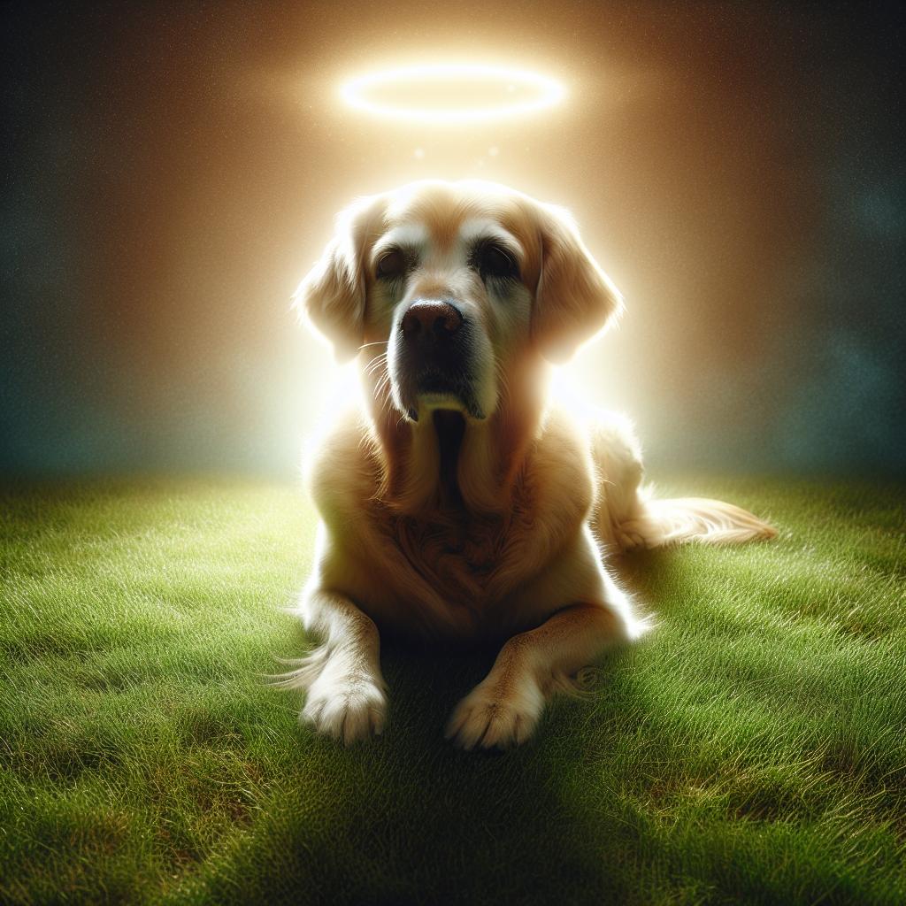 Imagen de un perro acostado en el césped, con un halo de luz brillante sobre él, representando la tranquilidad y el tránsito espiritual después de la muerte.