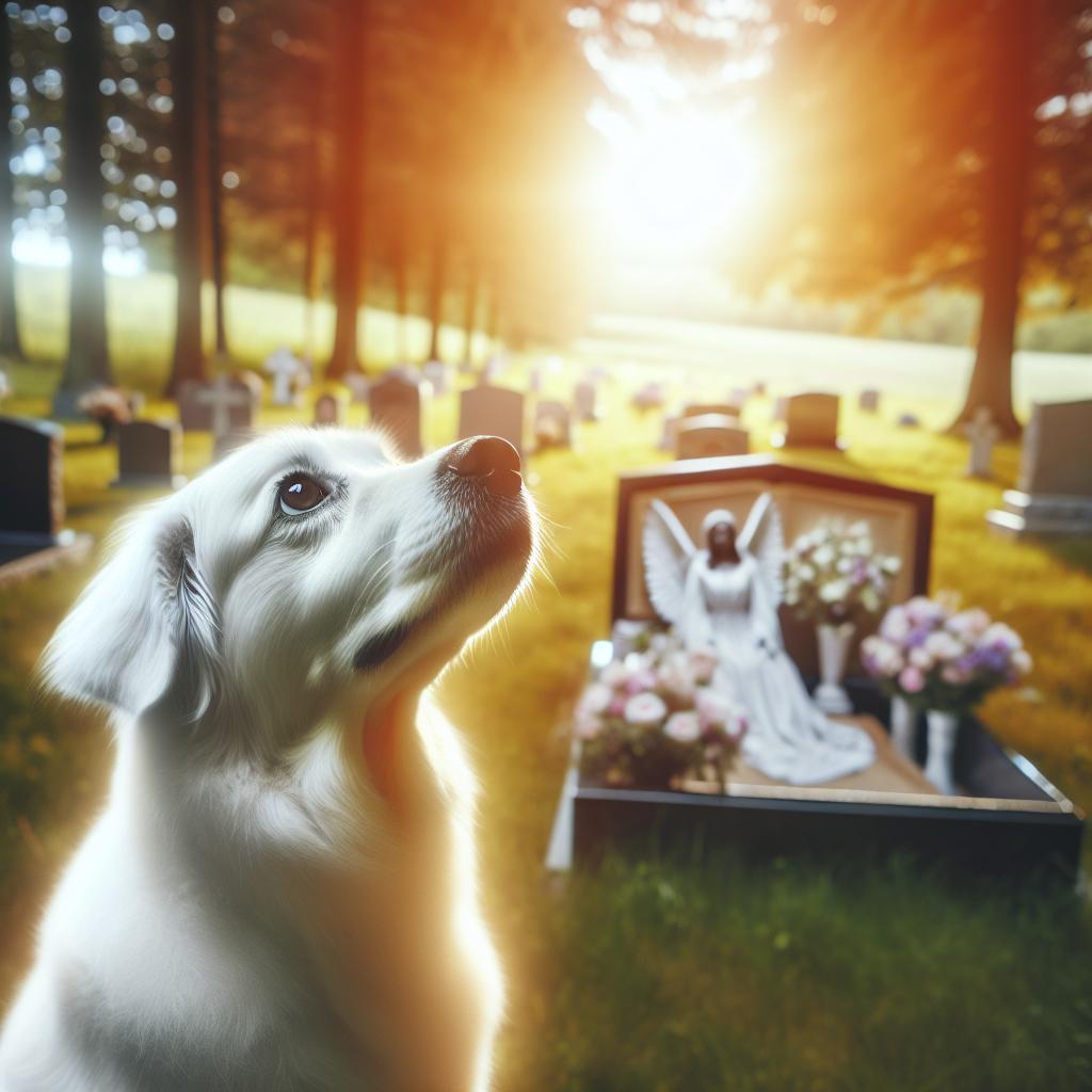 Imagen de un perro blanco mirando hacia el cielo con expresión serena, simbolizando la paz y conexión espiritual después de la muerte.