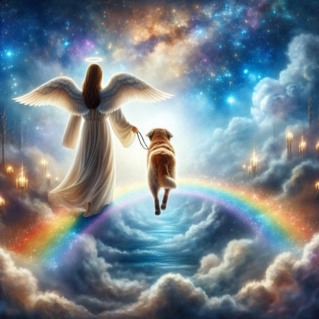 Representación artística de un perro acompañado de un ángel en un paisaje celestial, simbolizando la transición espiritual de las mascotas al cruzar el Puente del Arco Iris.