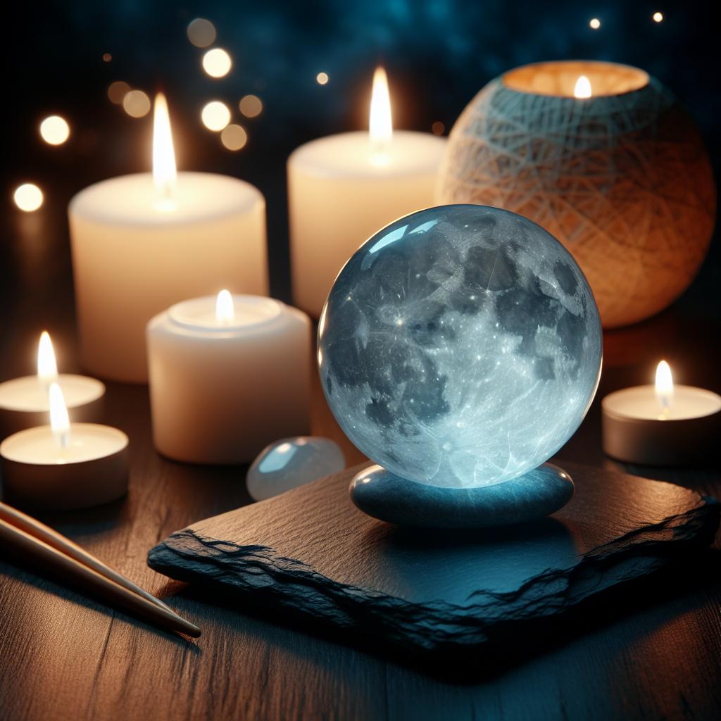 Piedra de Luna brillante colocada cerca de velas encendidas durante una sesión de meditación.