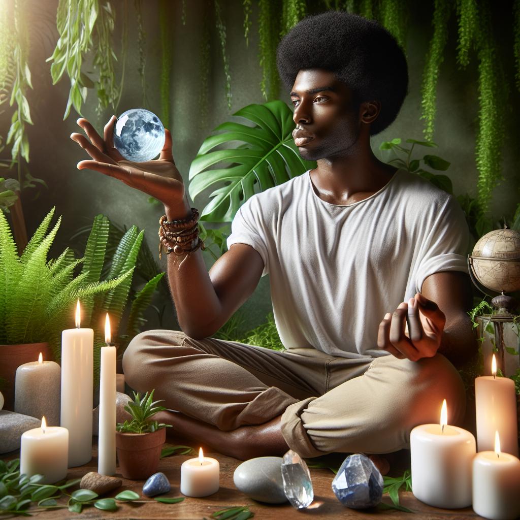 Una persona practica meditación con una piedra de luna en su mano, rodeada de velas y plantas verdes.