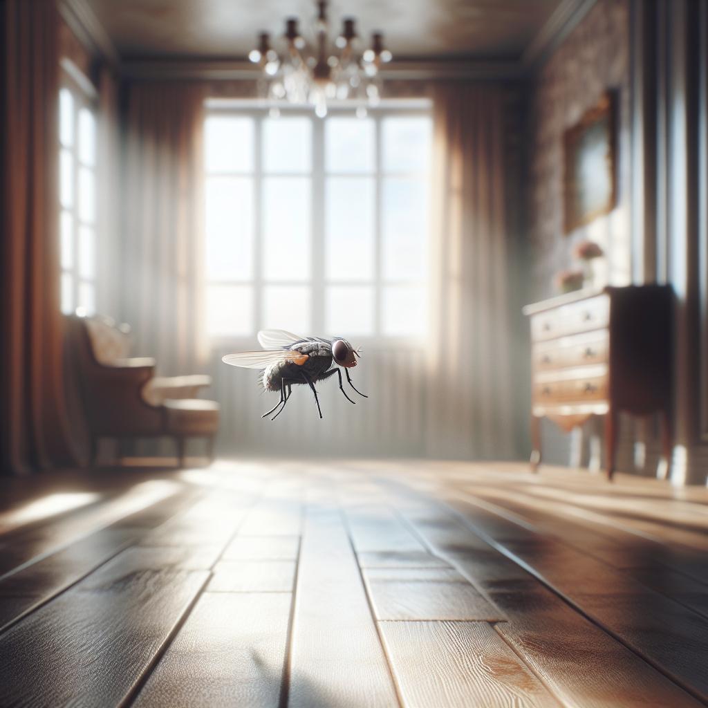 Imagen de una mosca volando en una habitación desenfocada