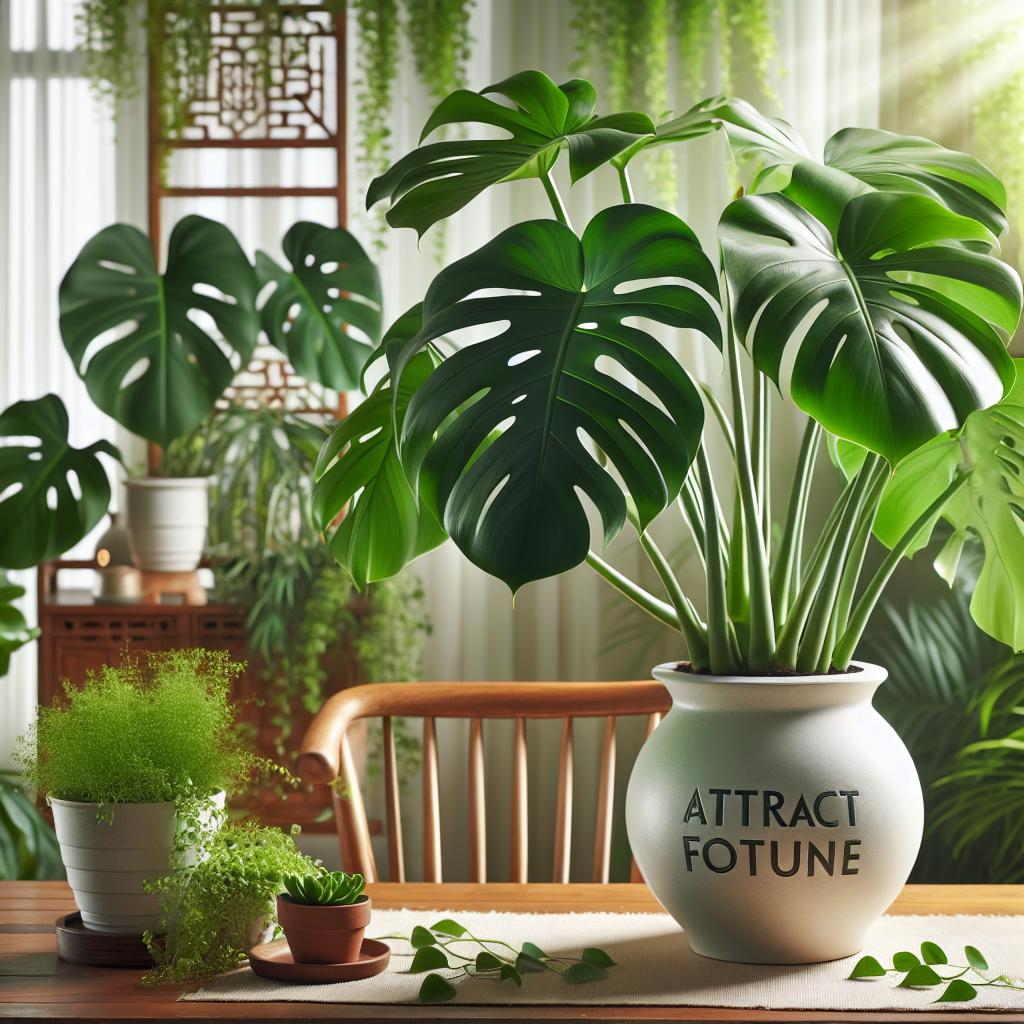 Monstera Deliciosa en maceta blanca sobre mesa de madera con fondo de plantas verdes