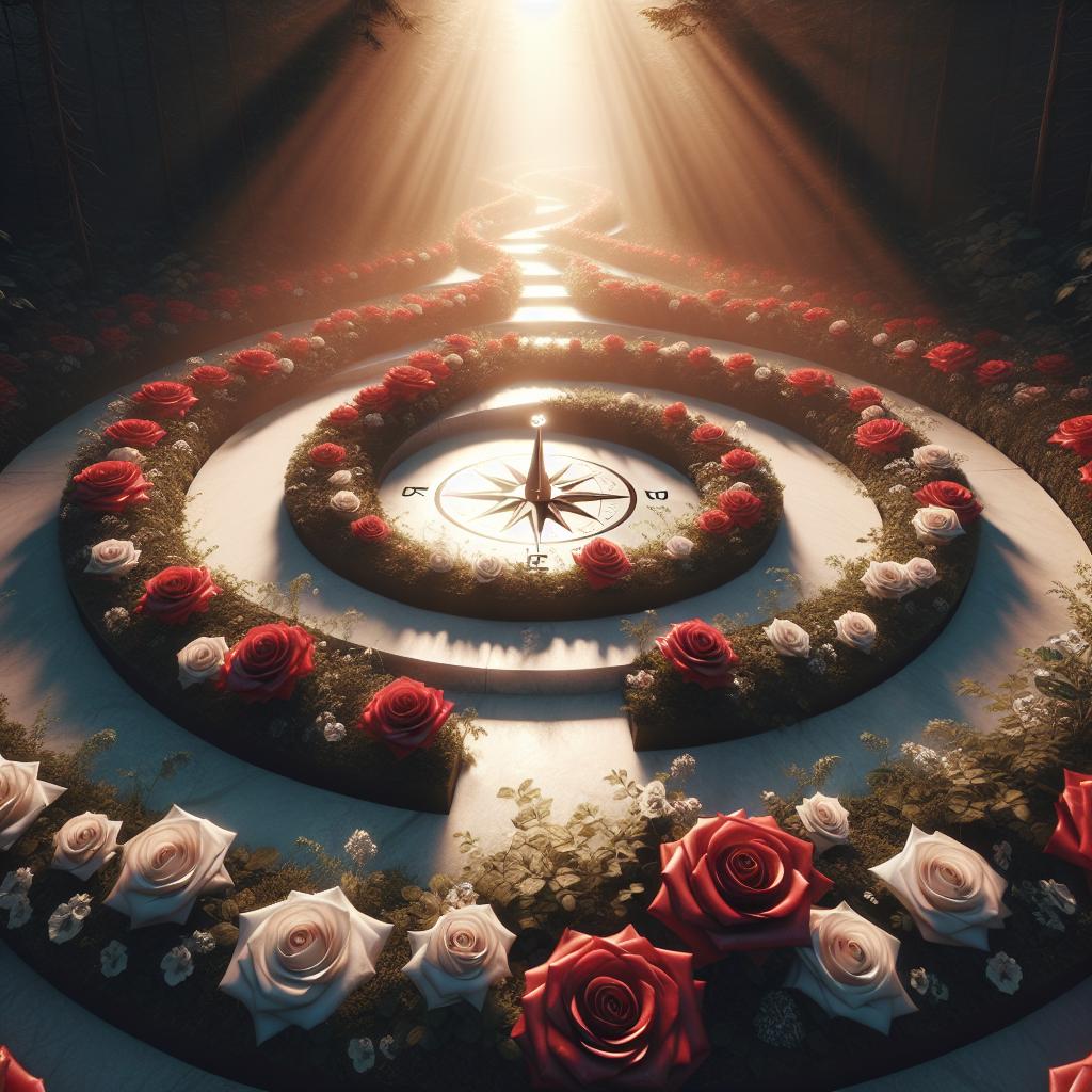 Un camino en espiral de rosas rojas y blancas iluminado por la luz del amanecer, con una rosa de los vientos en el centro, simbolizando la búsqueda espiritual y el descubrimiento de la orientación interior.