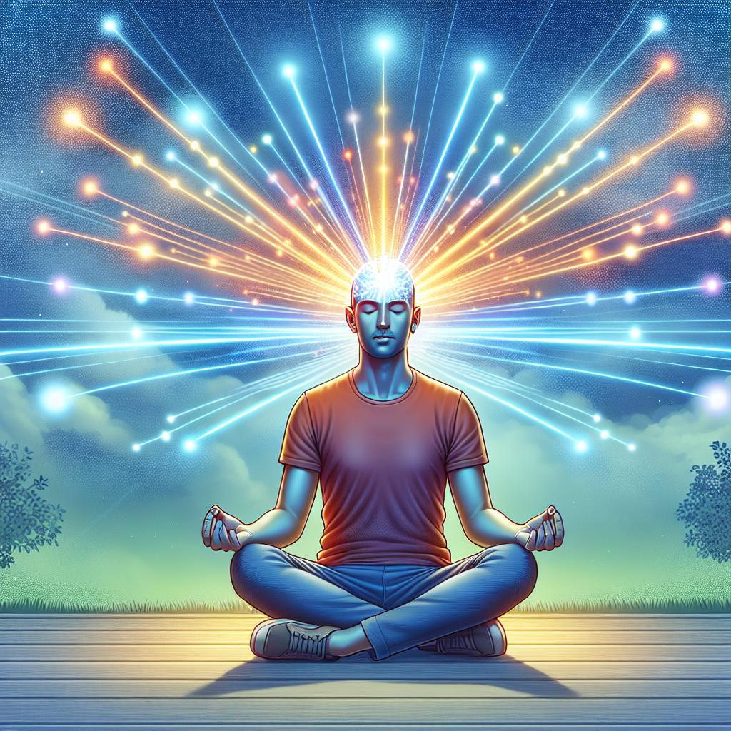 'Ilustración de una persona meditando con rayos de luz brillantes iluminando su mente