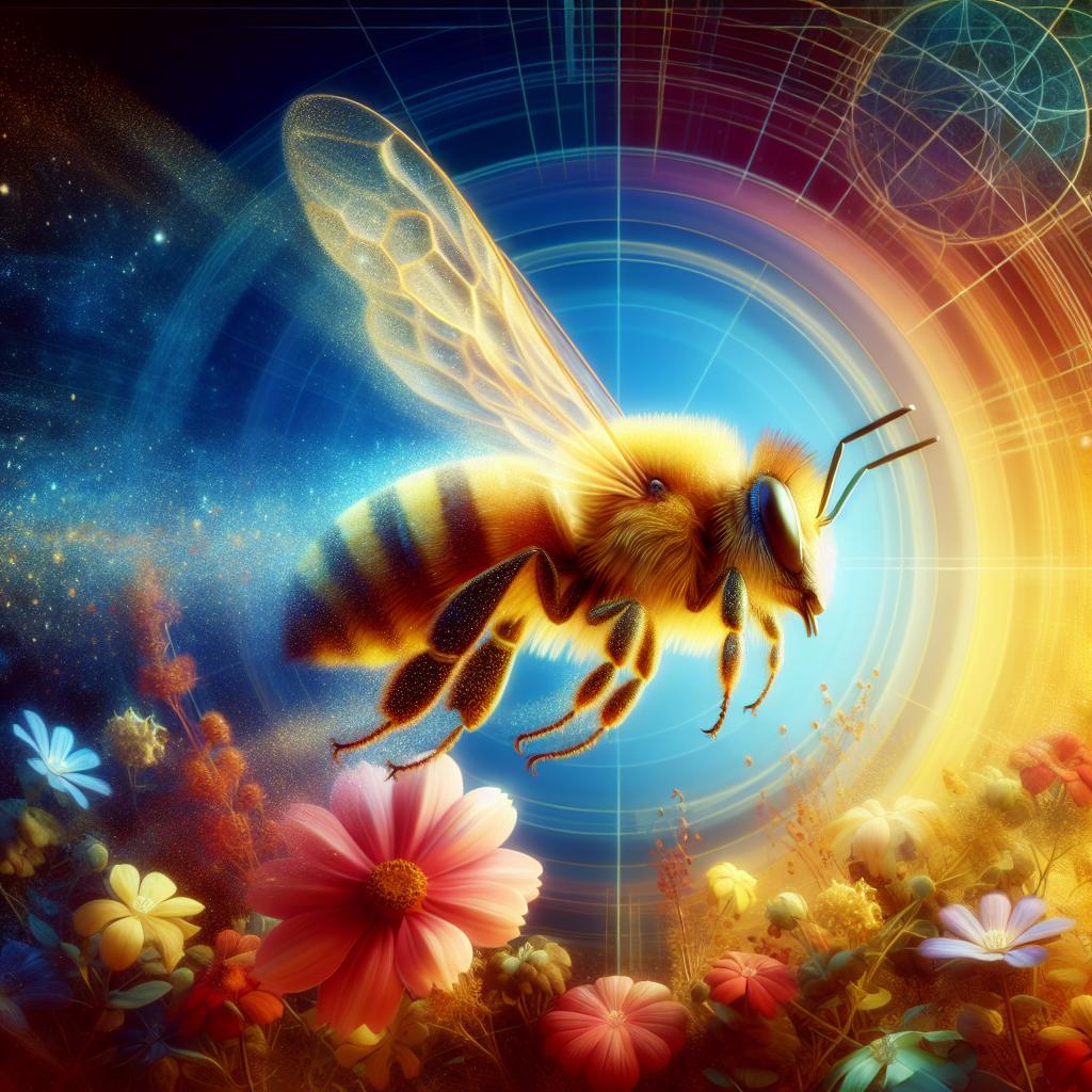 Imagen ilustrativa de una abeja volando entre flores, simbolizando la energía y fuerza que representan las abejas como animales de poder en diversas culturas y creencias.