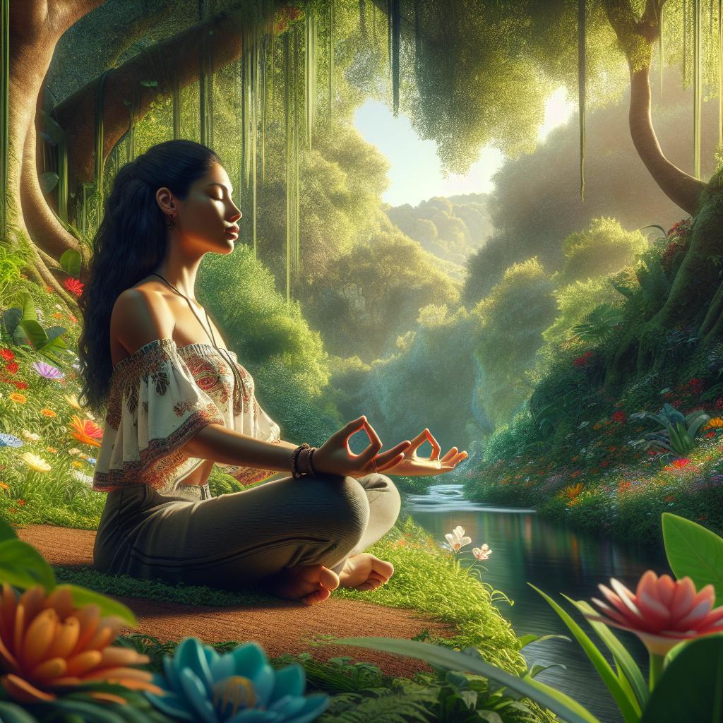 Una mujer meditando en la naturaleza, reflejando serenidad y conexión espiritual en su día a día.