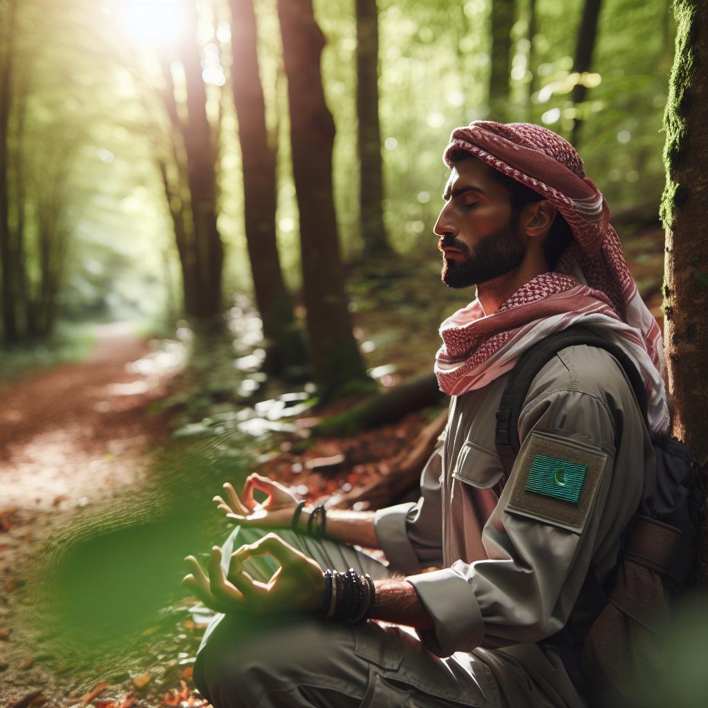 Una persona meditando en la naturaleza, reflejando paz y serenidad en su rostro mientras realiza una caminata por un sendero boscoso.