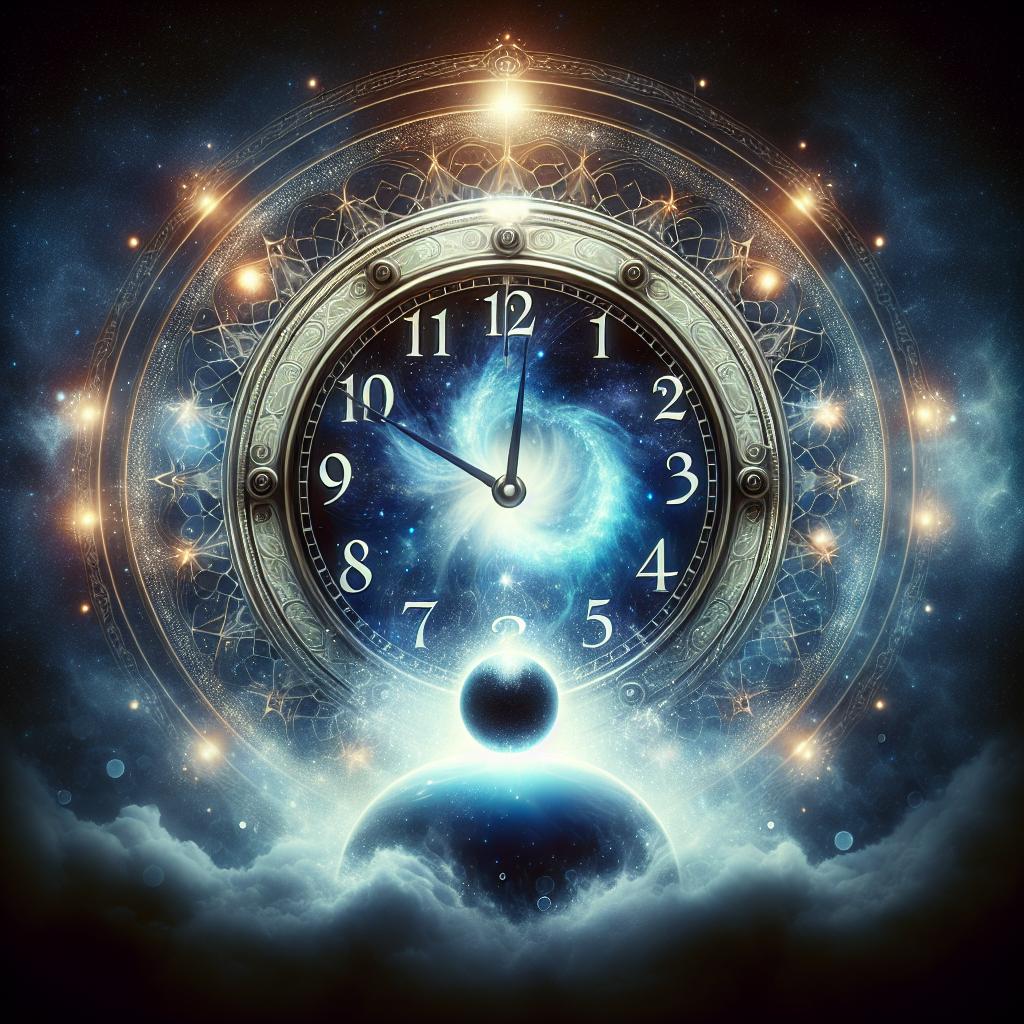 Una imagen de un reloj marcando la hora 21:12 con un fondo cósmico y místico, simbolizando la conexión entre el tiempo y lo espiritual.