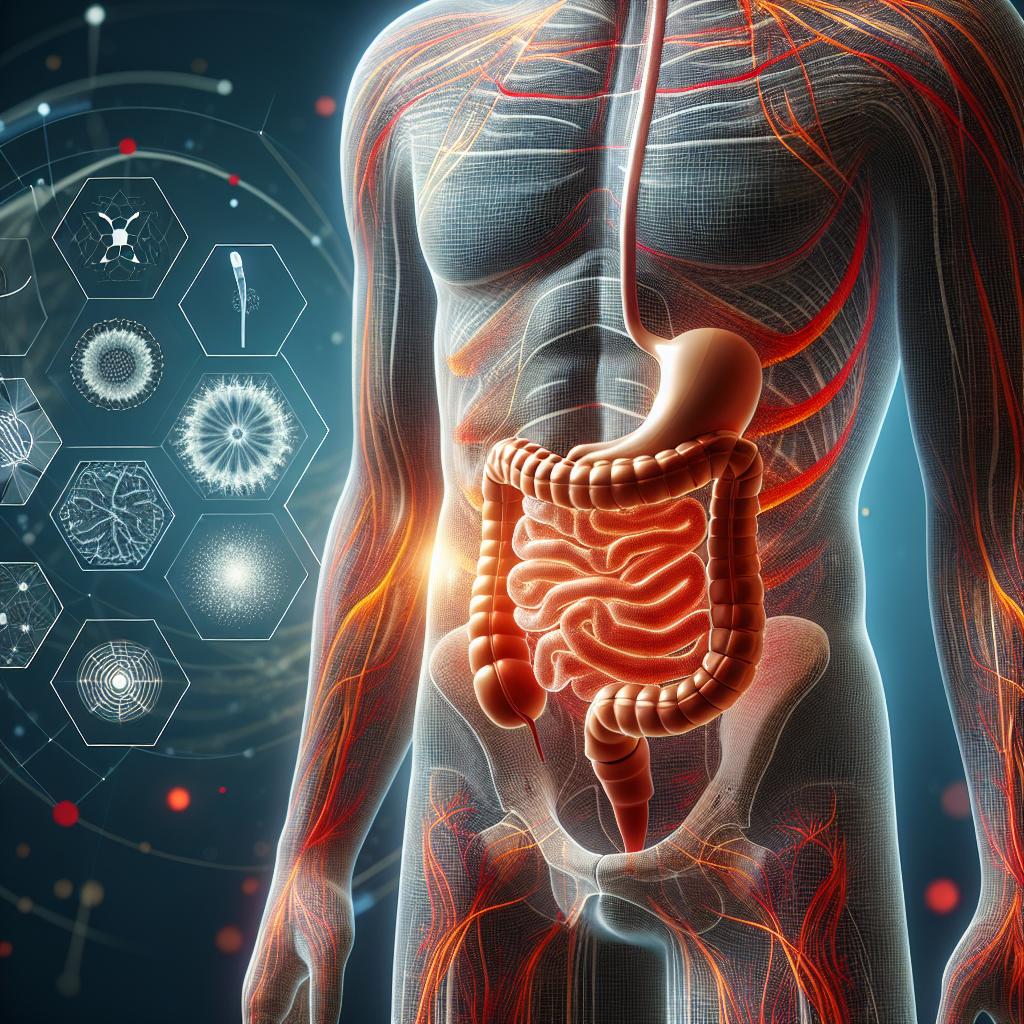 Una ilustración de un abdomen con una representación visual de la inflamación, con líneas que simbolizan la conexión entre la salud emocional y la inflamación abdominal.