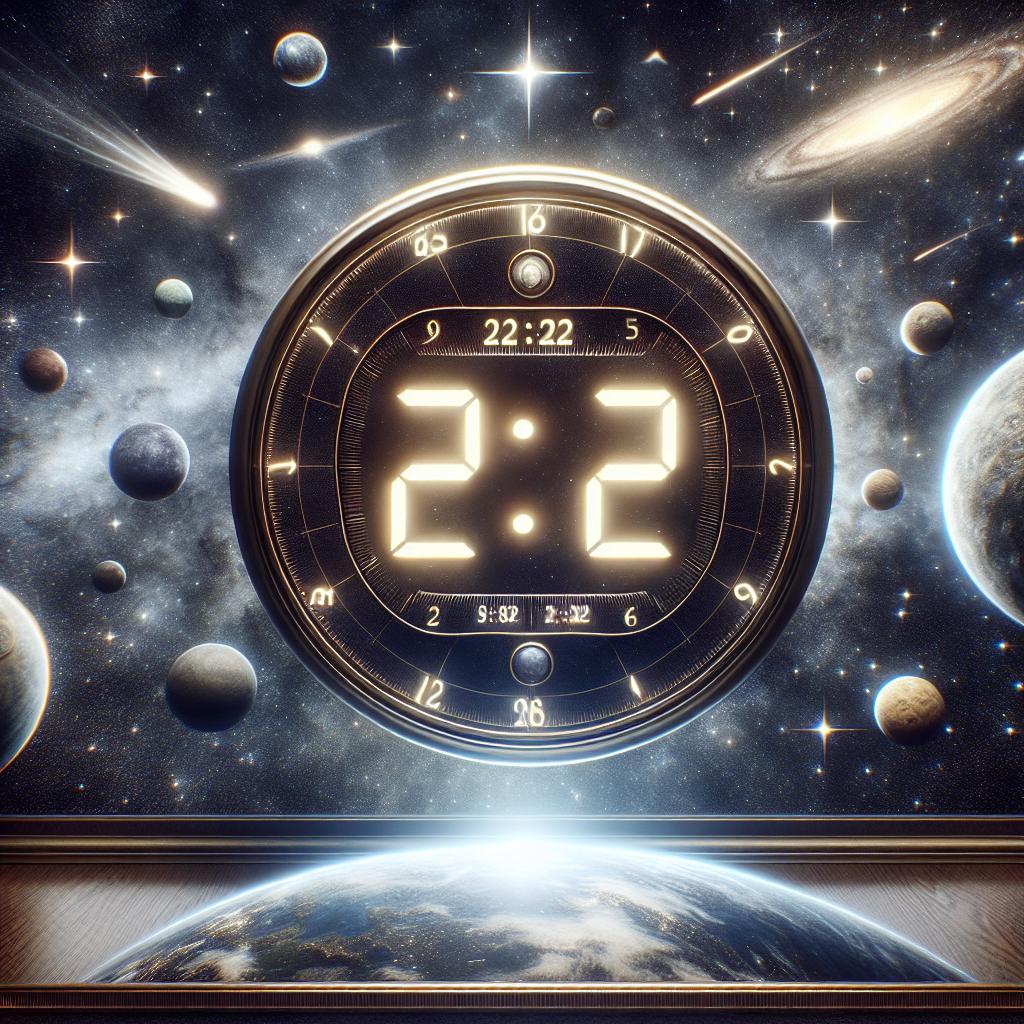 Imagen de un reloj digital marcando las 2:22 con fondo celestial, simbolizando la conexión espiritual y misteriosa del momento según la numerología.